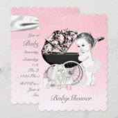 Roze wandelwagen baby shower kaart (Voorkant / Achterkant)