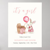 Roze wandelwagen Bunny Balloon Baby shower Welkom Poster (Voorkant)