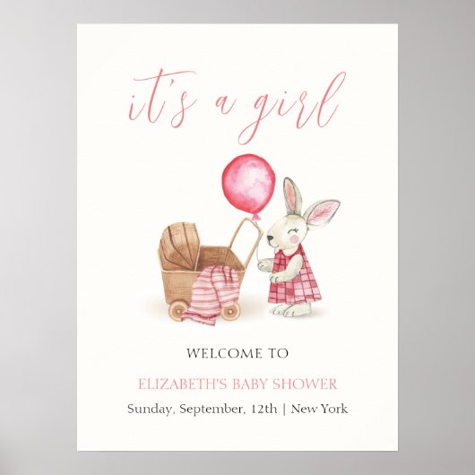 Roze wandelwagen Bunny Balloon Baby shower Welkom Poster (Voorkant)