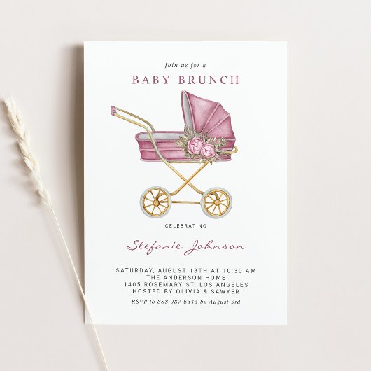 Roze  wandelwagen Het is een meisje Baby Brunch Kaart