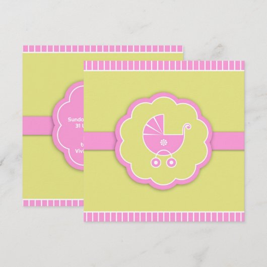 Roze wandelwagen Meisje Baby shower Flat Invitatio Kaart (Voorkant / Achterkant)