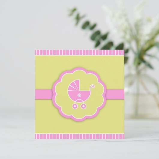 Roze wandelwagen Meisje Baby shower Flat Invitatio Kaart (Staand voorkant)