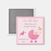 Roze wandelwagen & Vogels Save The Date Baby showe Magneet (Voorkant / Achterkant)