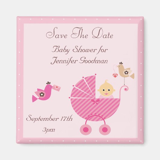 Roze wandelwagen & Vogels Save The Date Baby showe Magneet (Voorkant)