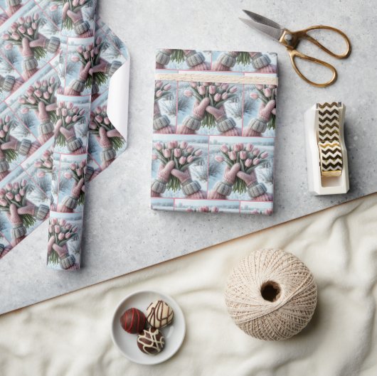 Roze wanten met tulpenboeket cadeaupapier (Crafts)