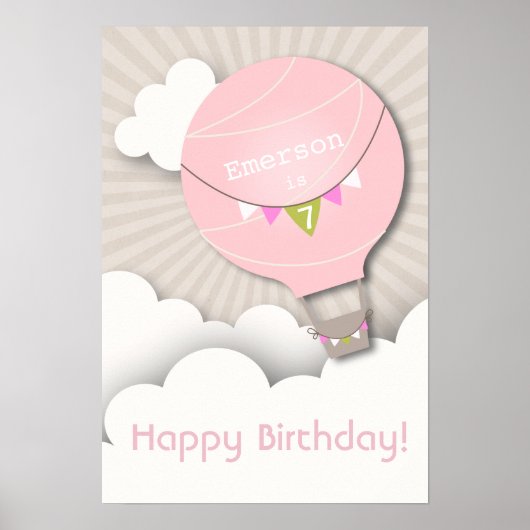 Roze warme luchtballon, Birthday Poster (Voorkant)