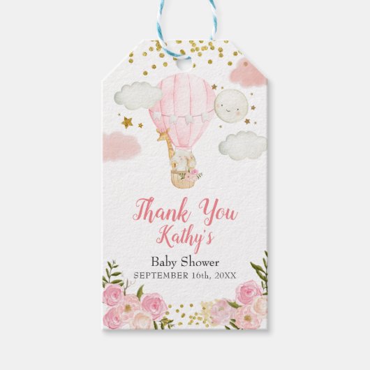 Roze warme luchtballondieren Oerwoud Glitter Cadeaulabel (Voorkant)