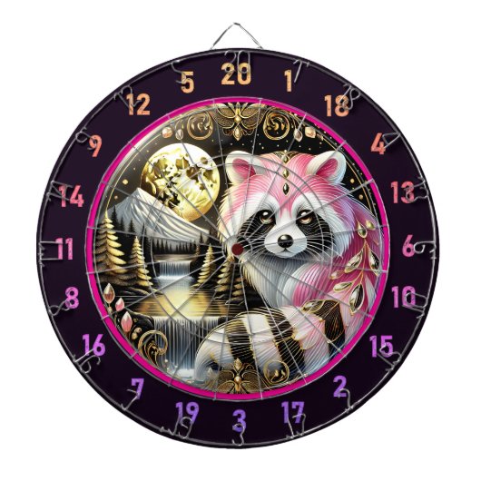 Roze wasbeer schittert onder gouden maan dartbord (Voorkant)