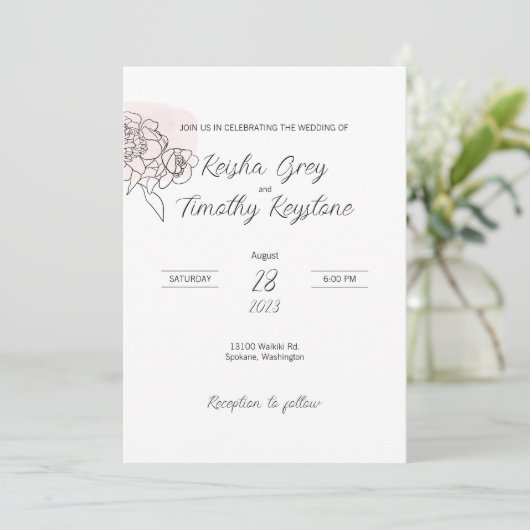 Roze Wash Line Art bruiloft uitnodiging (Staand voorkant)