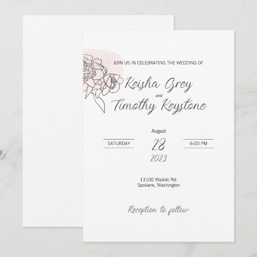 Roze Wash Line Art bruiloft uitnodiging (Voorkant / Achterkant)