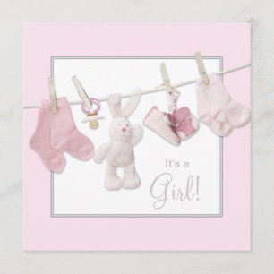 Roze waslijn Baby Girl Douche Uitnodigingen