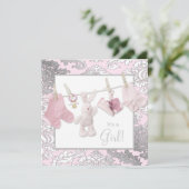 Roze waslijn baby meisje douche kaart (Staand voorkant)