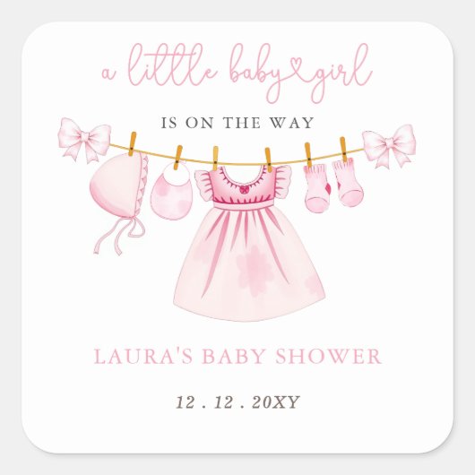 Roze waslijn Coquette Bow Girl Baby shower Vierkante Sticker (Voorkant)