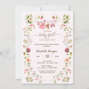 Roze Waslijn Wilde Bloemen Baby Shower Kaart
