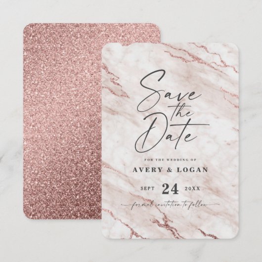 Roze wasroze roze marmer met Roos Gold Foil - Gege Save The Date (Voorkant / Achterkant)