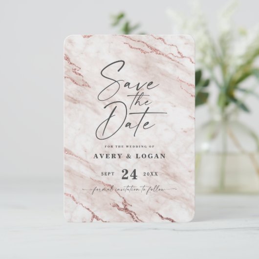 Roze wasroze roze marmer met Roos Gold Foil - Gege Save The Date (Staand voorkant)