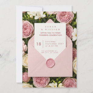 Roze waszegel bloemboeket trouwuitnodiging kaart