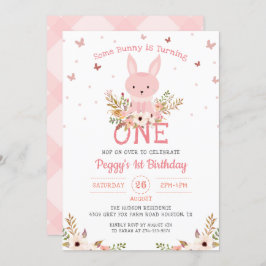 Roze wat Bunny Floral Girl 1e verjaardag Kaart