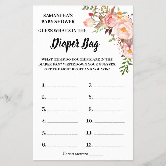 Roze Wat zit er in de luiertas shower spelkaart Flyer (Voorkant)