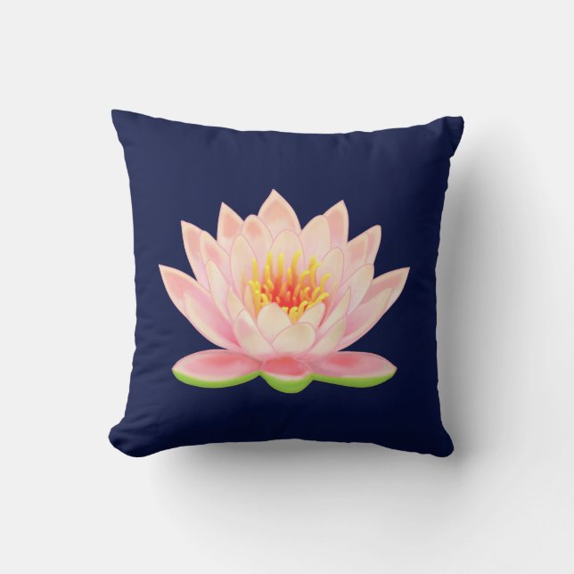 Roze waterbloem op marineblauw kussen (Voorkant)
