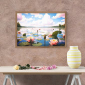 Roze waterbloemen en lucht op Reflective Lake | Canvas Afdruk