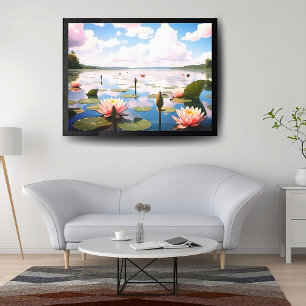 Roze waterbloemen en lucht op Reflective Lake   Canvas Afdruk