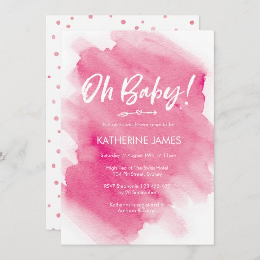 Roze Watercolor Baby shower uitnodiging (Voorkant / Achterkant)