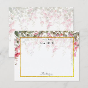 Roze Watercolor Bloem & Goud Frame Dank Je Notitiekaartje