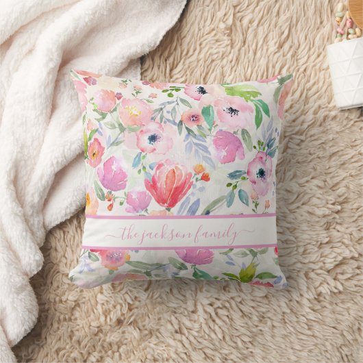 Roze watercolor bloemen monogram schrift kussen (Deken)