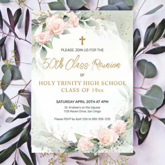 Roze watercolor bloemen religieuze klasreünie kaart