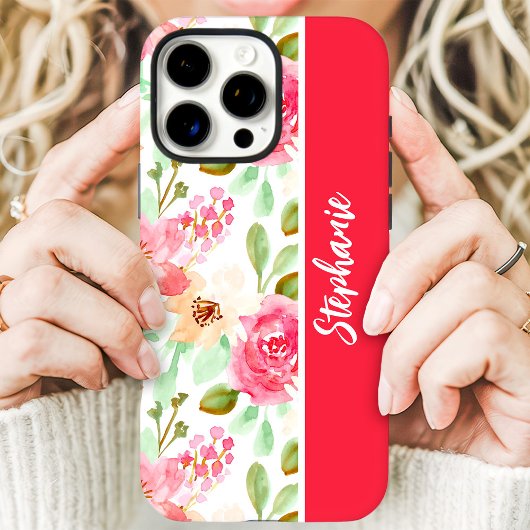 Roze Watercolor Bloemige Aangepaste Naam Case-Mate iPhone Case