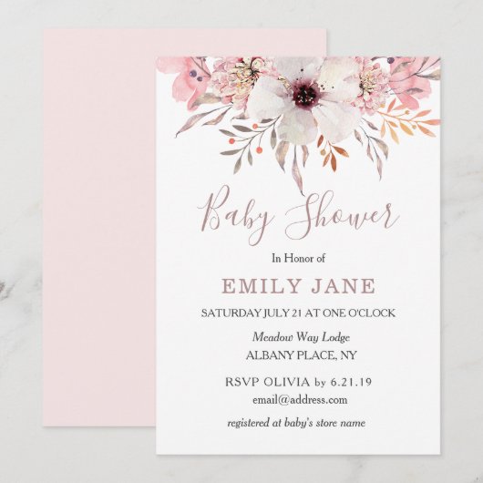 Roze Watercolor Bloemige Baby Shower Uitnodiging (Voorkant / Achterkant)