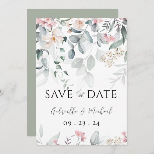 Roze Watercolor Groene Huwelijk Save The Date (Voorkant / Achterkant)