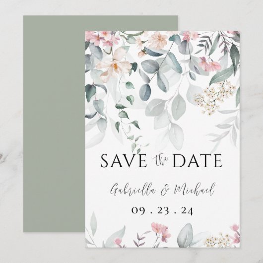 Roze Watercolor Groene Trouwdag Save The Date (Voorkant / Achterkant)