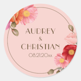 Roze Watercolor Klaproos Trouwsticker Ronde Sticker