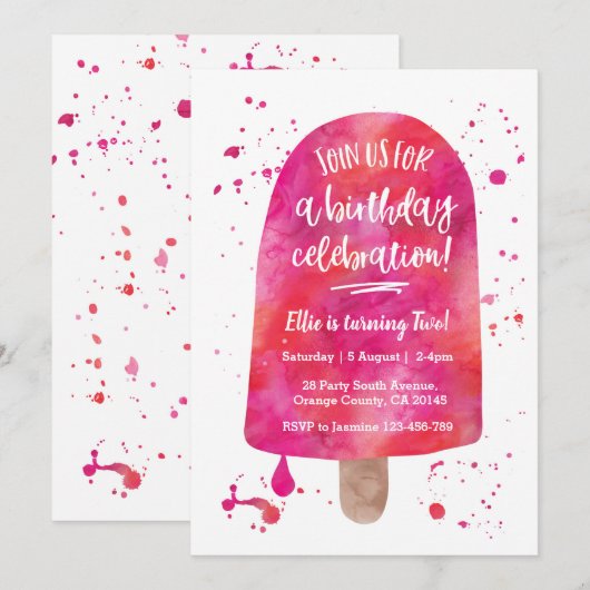 Roze Watercolor Popsicle Verjaardag Uitnodiging (Voorkant / Achterkant)