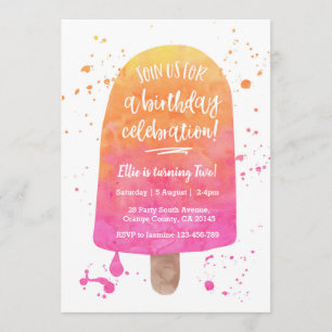 Roze Watercolor Popsicle Verjaardag Uitnodiging