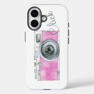 Roze Watercolor Retro Camerafotograaf Logo iPhone 16 Hoesje