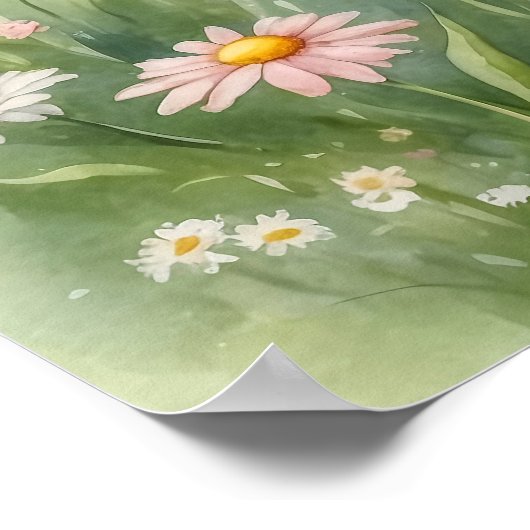 Roze watercolorfee in bloemenweide muur  poster (Hoek)