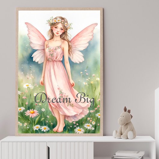 Roze watercolorfee in bloemenweide muur  poster
