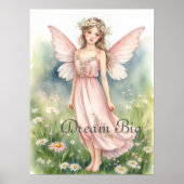 Roze watercolorfee in weide met wilde bloemen muur poster (Voorkant)