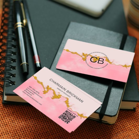 Roze Waterkleur QR Code Monogram Visitekaartje