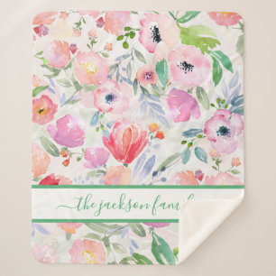 Roze waterkleurige bloemenfamilie, naam script sherpa deken