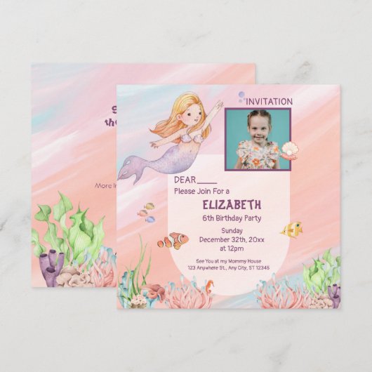 roze waterkleurige zeemeermin Birthday Kaart (Voorkant / Achterkant)