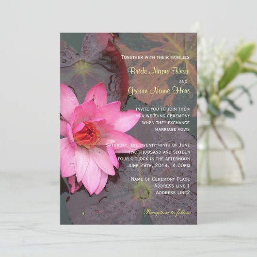 Roze waterlelie bloem bruiloft uitnodiging (Staand voorkant)