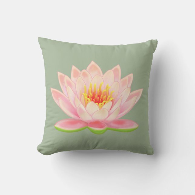 Roze Waterlelie Bloem op lauriergroen Kussen (Voorkant)