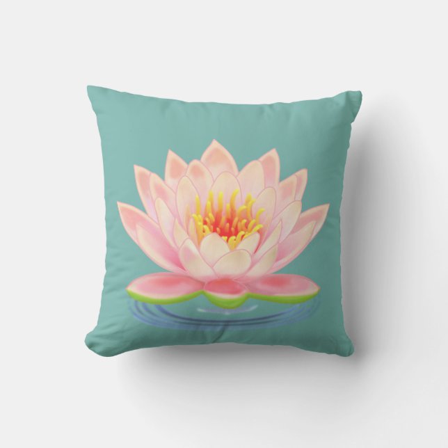 Roze Waterlelie Bloem op Teal Kussen (Voorkant)