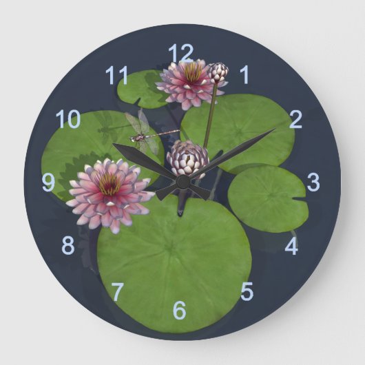 Roze Waterlelie en Dragonfly Grote Klok (Voorkant)
