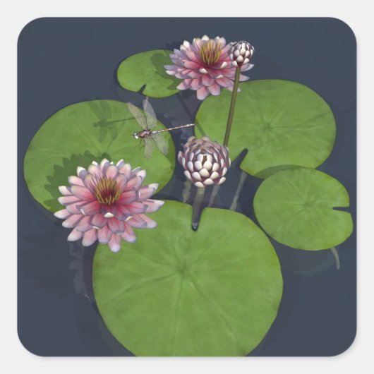 Roze Waterlelie en Dragonfly Vierkante Sticker (Voorkant)