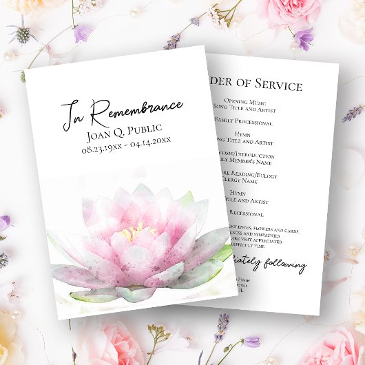 Roze Waterlelie Herdenkingsdienst Programmakaart